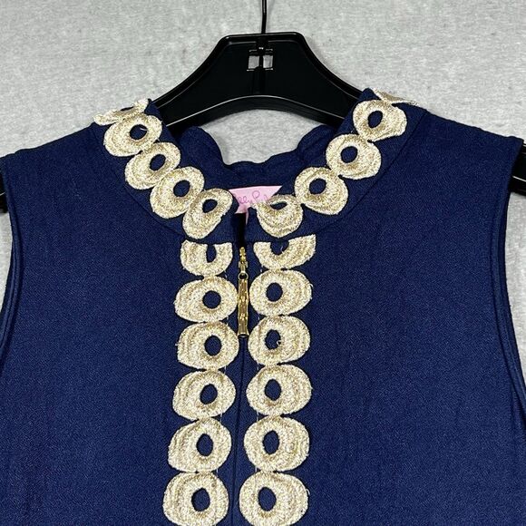 Lilly Pulitzer Jane Shift Dress 10 True Navy Gold Zipper Sleeveless Embroidered - Picture 2 of 12